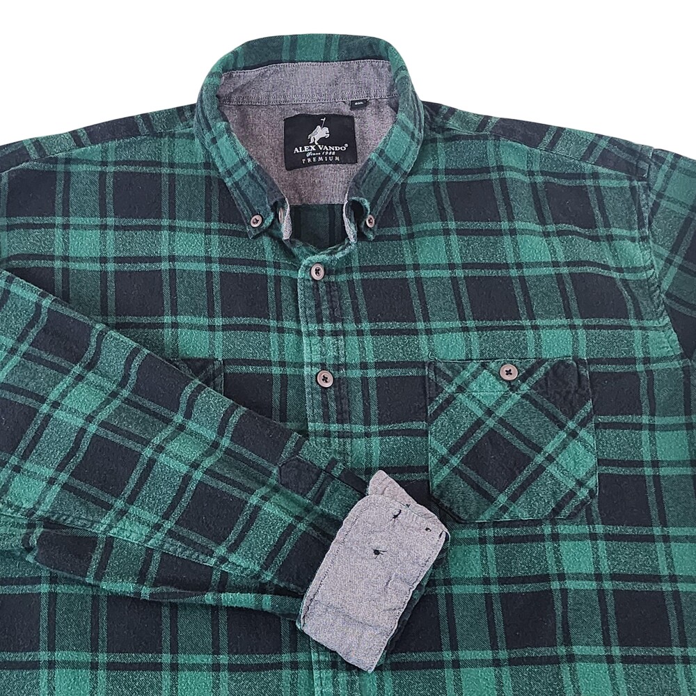 Alex Vando Shirt Mens 2XL Green Plaid Flannel Button Up Long Sleeve Pockets